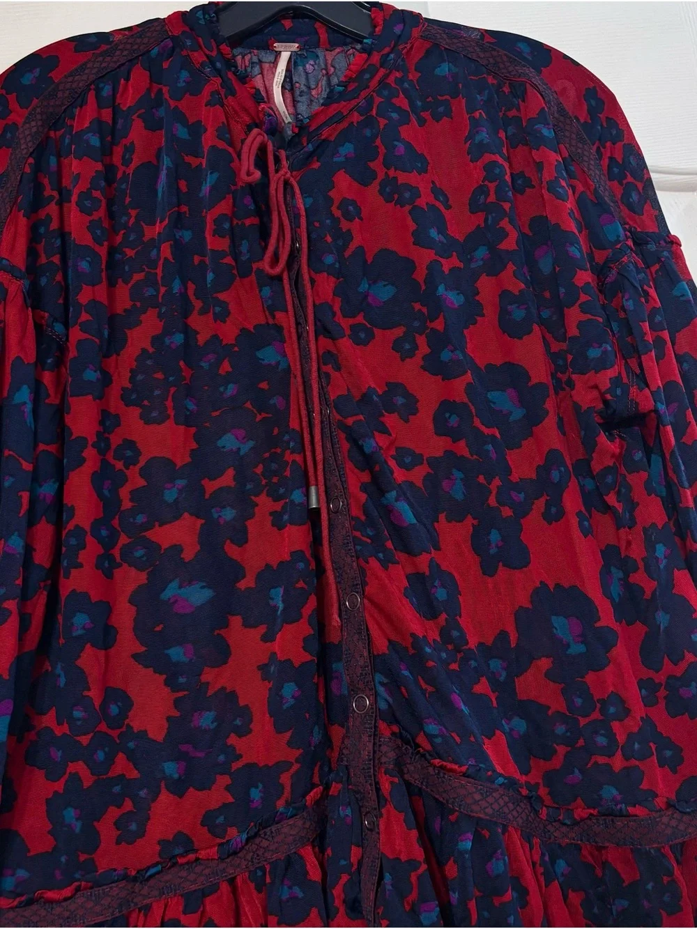 Free People Red & Blue Floral Peasant Mini Dress